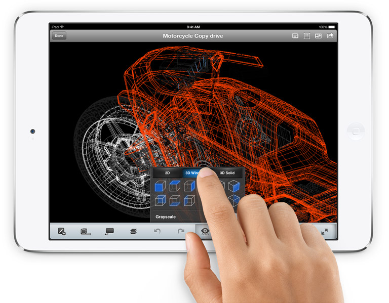 Top view of an iPad mini 2, with a finger tapping on the screen which showing a wire model of a motor cycle 